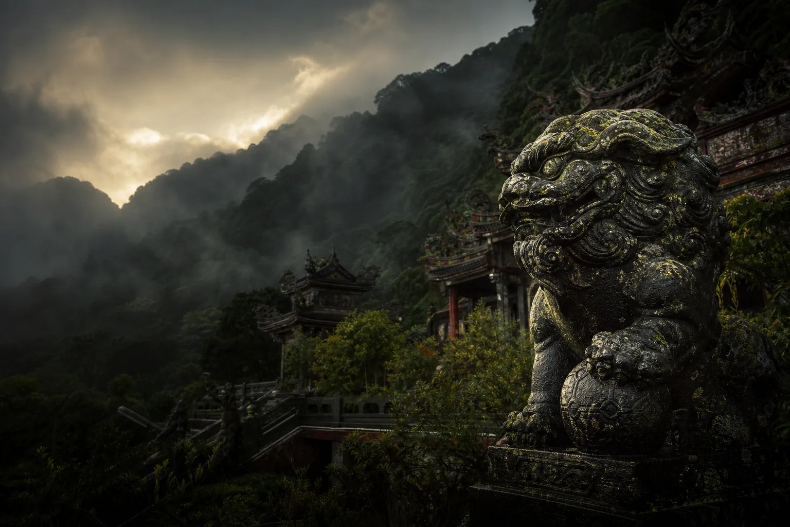 Editorial image evoking a Taiwanese mountain temple and stone guardian in morning mist