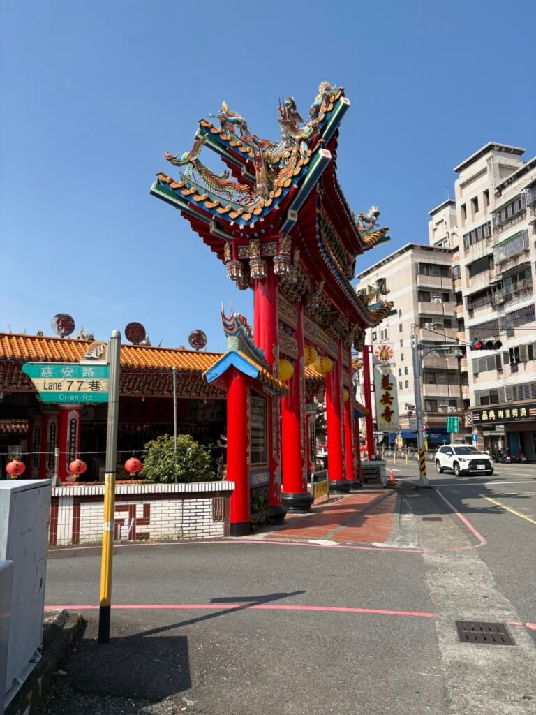 Ornate red entrance gate of Cian Temple on Cian Road in Yilan City
